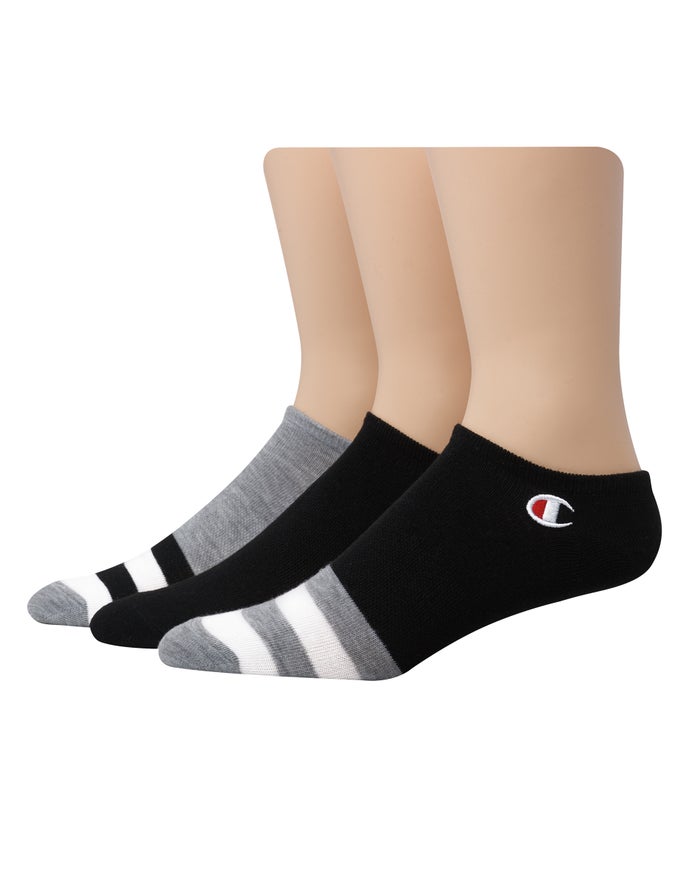 Champion Mens Socks NZ - Super No Show Embroidered Logo 3-Pairs Grey/Black ( 0174-AOXNE )